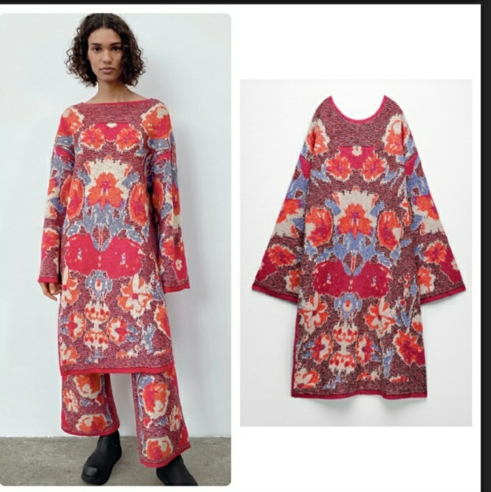Zara floral jacquard knit tunic sweater